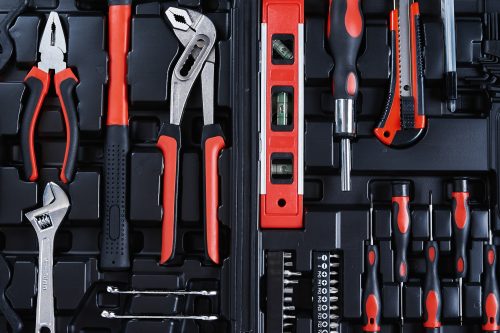 Toolbox with instruments for repair and maintenance, close up